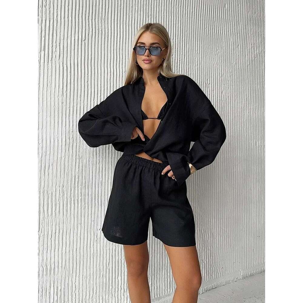 Wolfeel 100% Cotton Women's Casual Sets Solid Color Cozy Lapel Long Sleeve Shirt Summer Loose Elastic Waist Shorts Suits