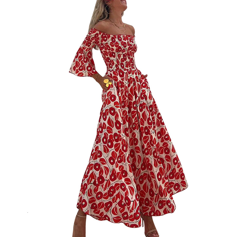 Dress 2025 Spring/Summer New Vacation Style Off Shoulder Trumpet Sleeve Floral Long Dress for Women