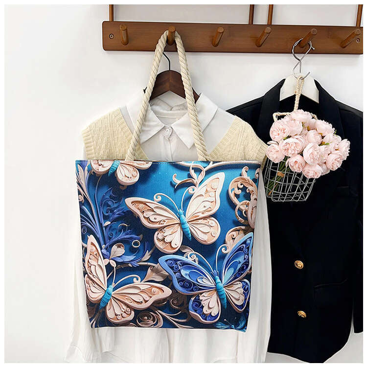 Women's double-sided embroidered canvas shoulder bag fashionable linen cotton rope simple handbag