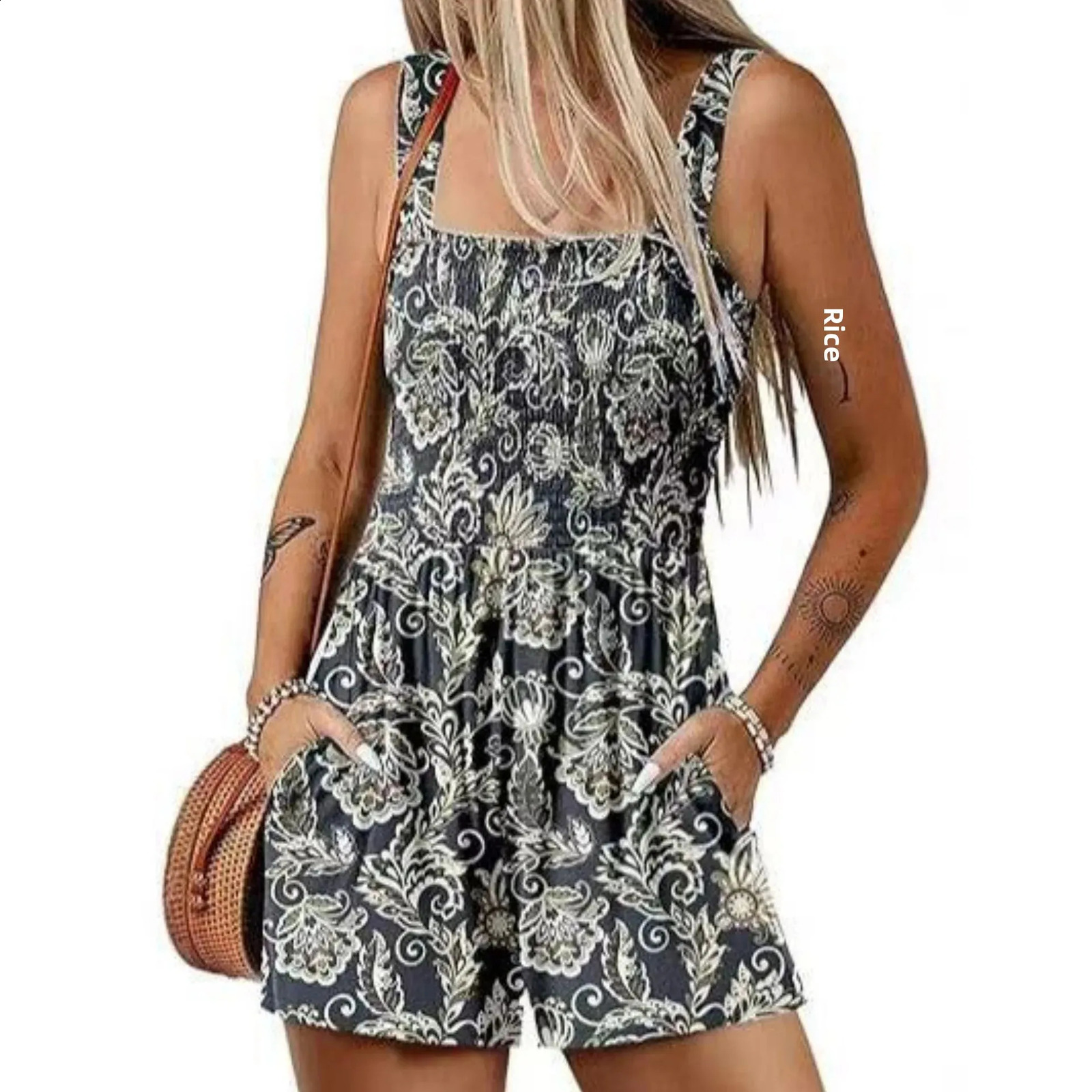 Spring and summer casual printed onepiece pants clothing thin fabric sleeveless square neckline pleated n 250411