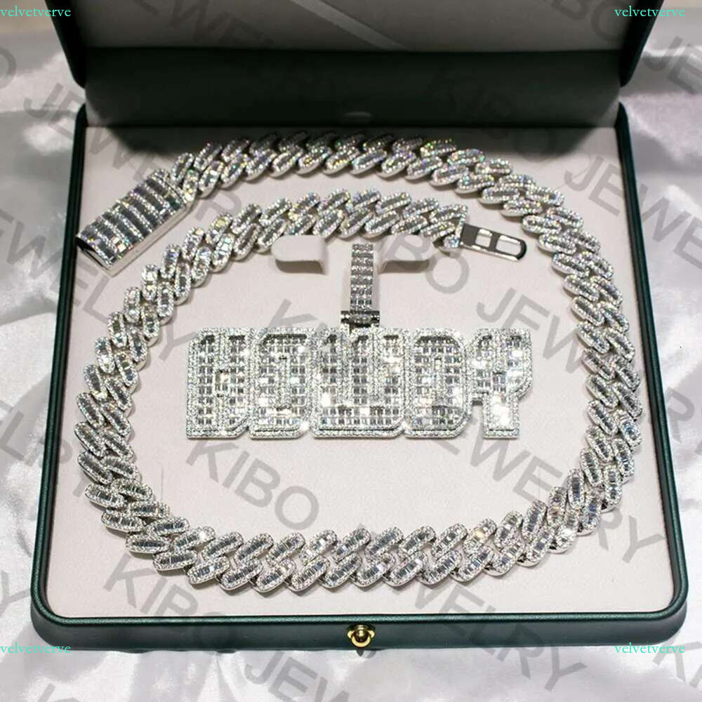 18mm Hip Hop Jewelry Baguette Dia Men Necklace Iced Out Vvs Moissanite Sterg Sier Cuban k Chain