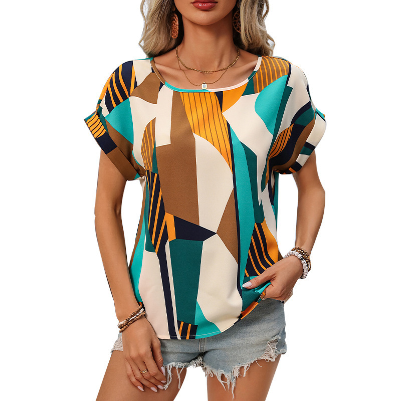 Tourist vacation color shirt womens summer temperament rolled edge short sleeved round neck pullover shirt