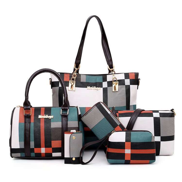 New grid six piece set mother tote with contrasting color trend, one shoulder portable women's bag