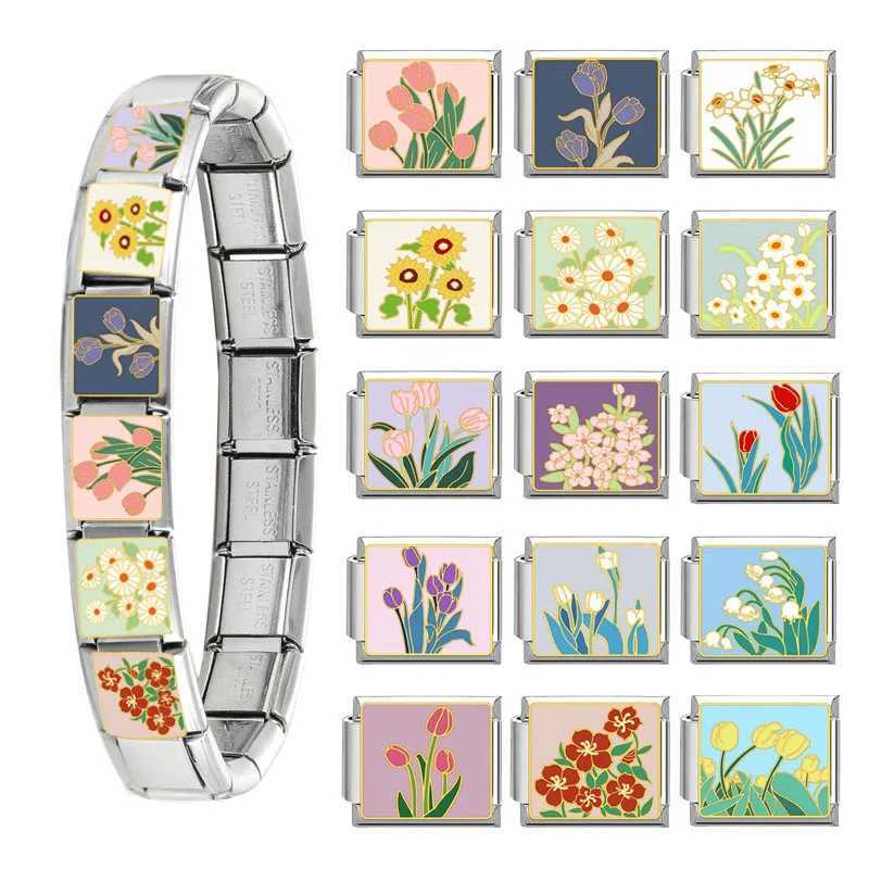 2024 Womens Gift Fit 9mm Stainless Steel Italian Charms Bracelet Links Beads Tulip Romantic Flower DIY JewelryC250411