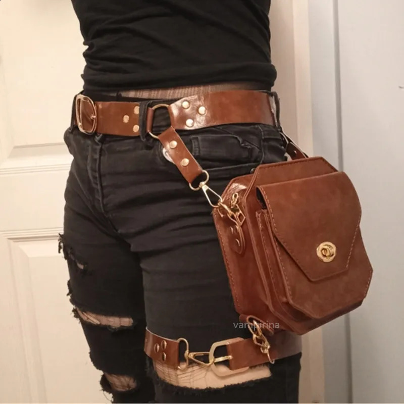 Steampunk retro PU waist bag Hip bag Womens cross body multifunctional outdoor leg phone bag Fanny bag Belt bag 250408