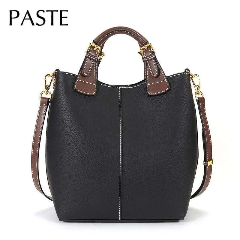 Vintage Black Gray Large Bucket First Layer Cow Leather Women Handbag High Quality Panelled Handle Tote Ladies Shoulder Bag