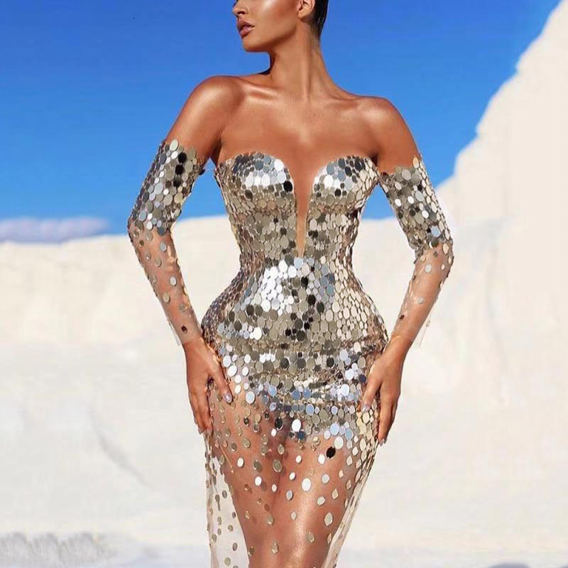 2025 Summer New Womens Dress Sparkling One Shoulder Sexy Mesh Perspective Long Evening Dress