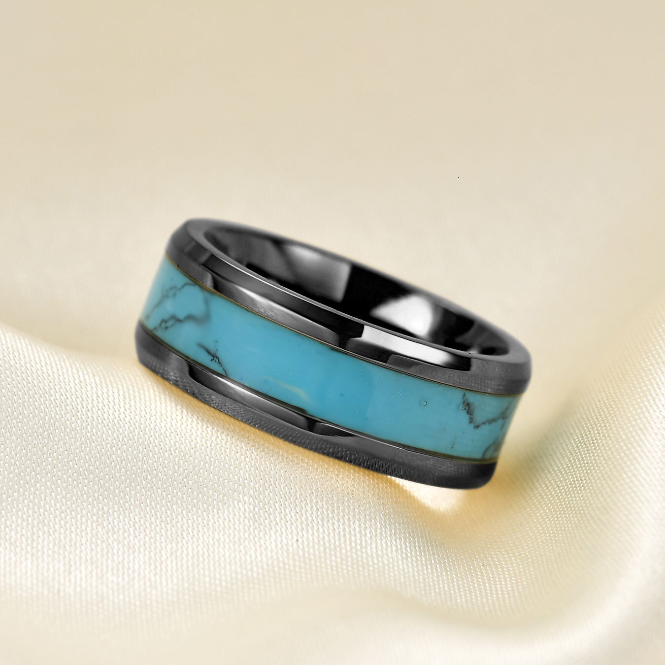 European and American Cross-Border Hot Sale 8MM Stainless Steel Natural Turquoise Fashion Versatile Personality Ring Manufacturer Wholesale