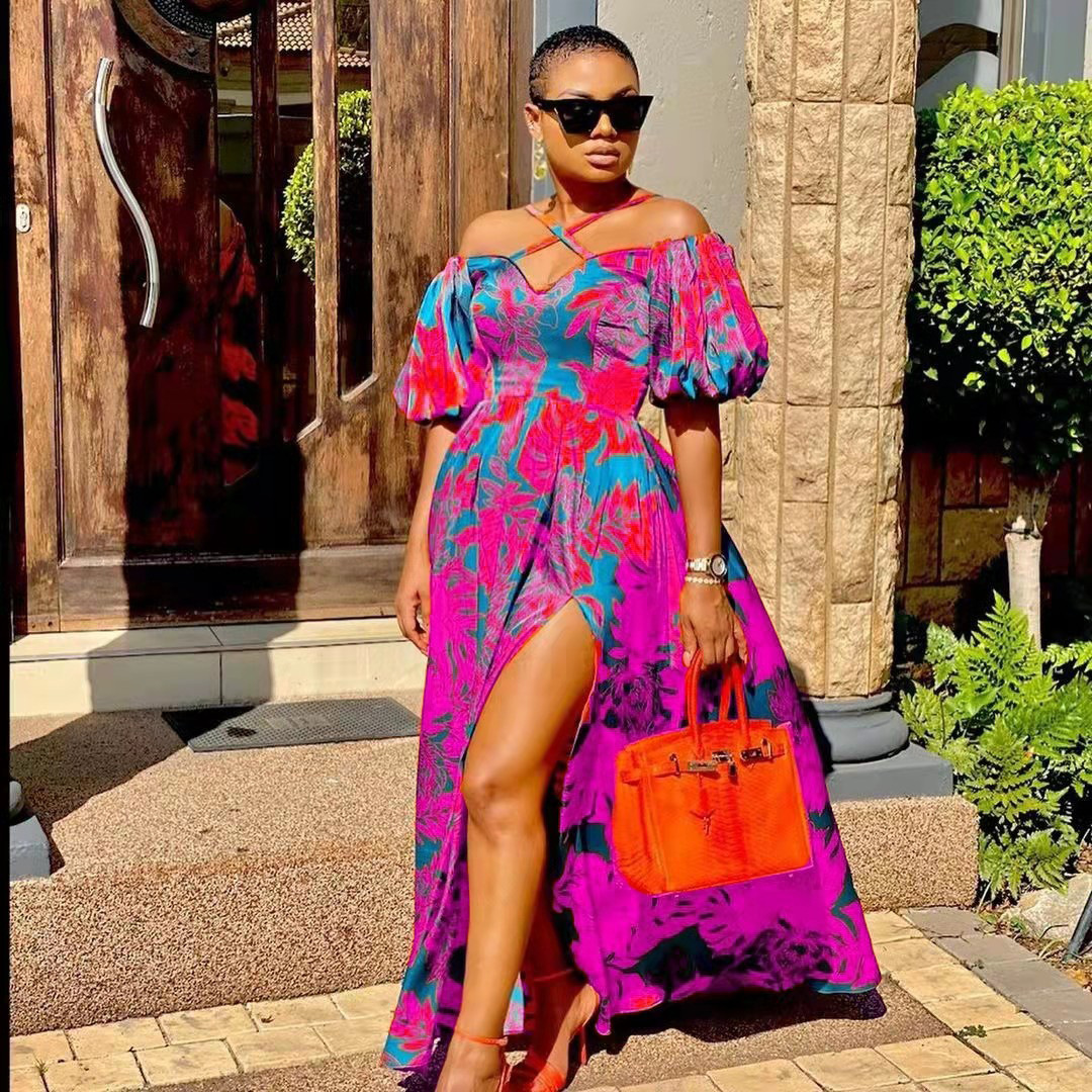 2025 New Spring/summer Womens Dress with Printed Slit Strapless Hanging Neck V-neck Long Skirt