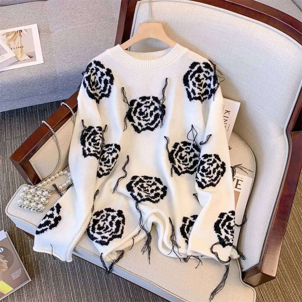 Temperament Loose Tassel Sweater Autumn Korean All-Match Knitting Pullovers Female Casual Printing Jacquard Warm Trend Top Tee