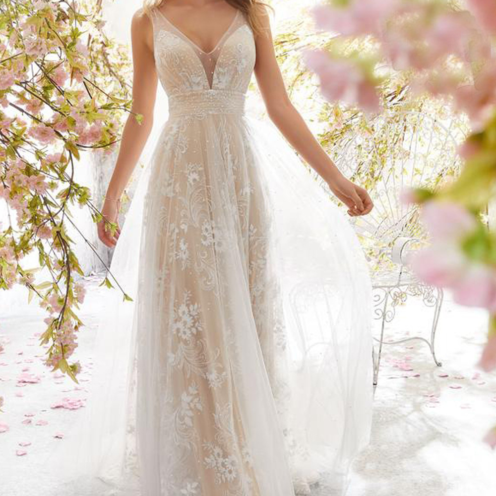 2025 Womens New Sexy V-neck Sleeveless Lace Wedding Dress