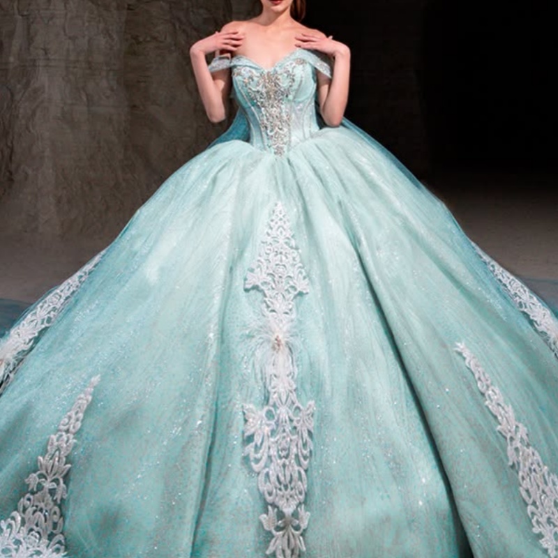 Mint Green Shiny Princess Quinceanera Dresses Off Shoulder Applique Lace Beading Tull Corset Sweet 16 Dress Ball Gown Vestidos 15 Anos
