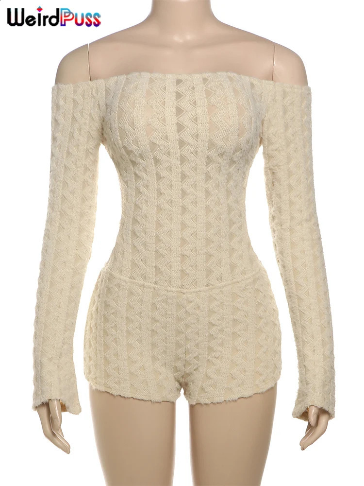 Strange cat knitted thin jumpsuit womens slanted neck backless autumn elegant full sleeved hippie Playsuit street exercise shorts 250411