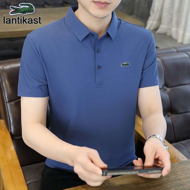 Noble Crocodile 2025 designer handbag New Polo Shirt Men's Short Sleeve High-end LANTI KAST Trendy Ice Silk Loose Turn-down Collar Striped Busine