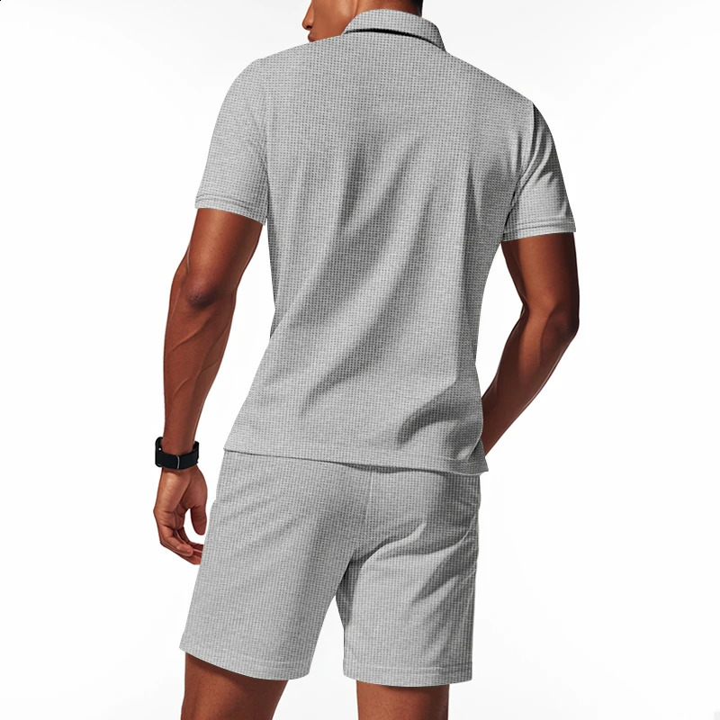 2025 Summer Mens Solid Color Simple Gentleman Loose Zipper Short Sleeve Polo Shirt Beach Shorts Set 250409