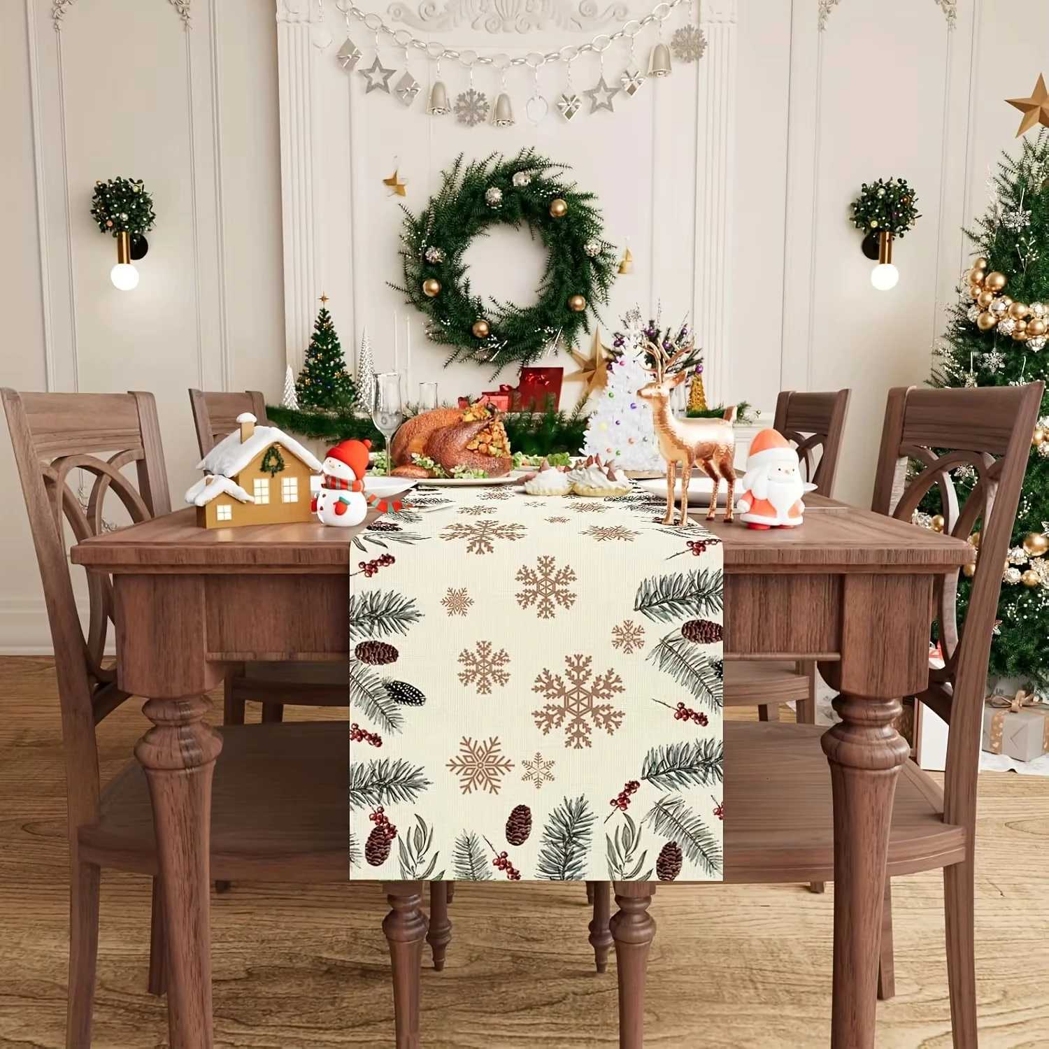 Christmas VIKAMA Scandinavian Style Snowflake Pine Boughs Berries Cotton Linen Table Flag Festive Atmosphere Christmas Table Decoration Y251113