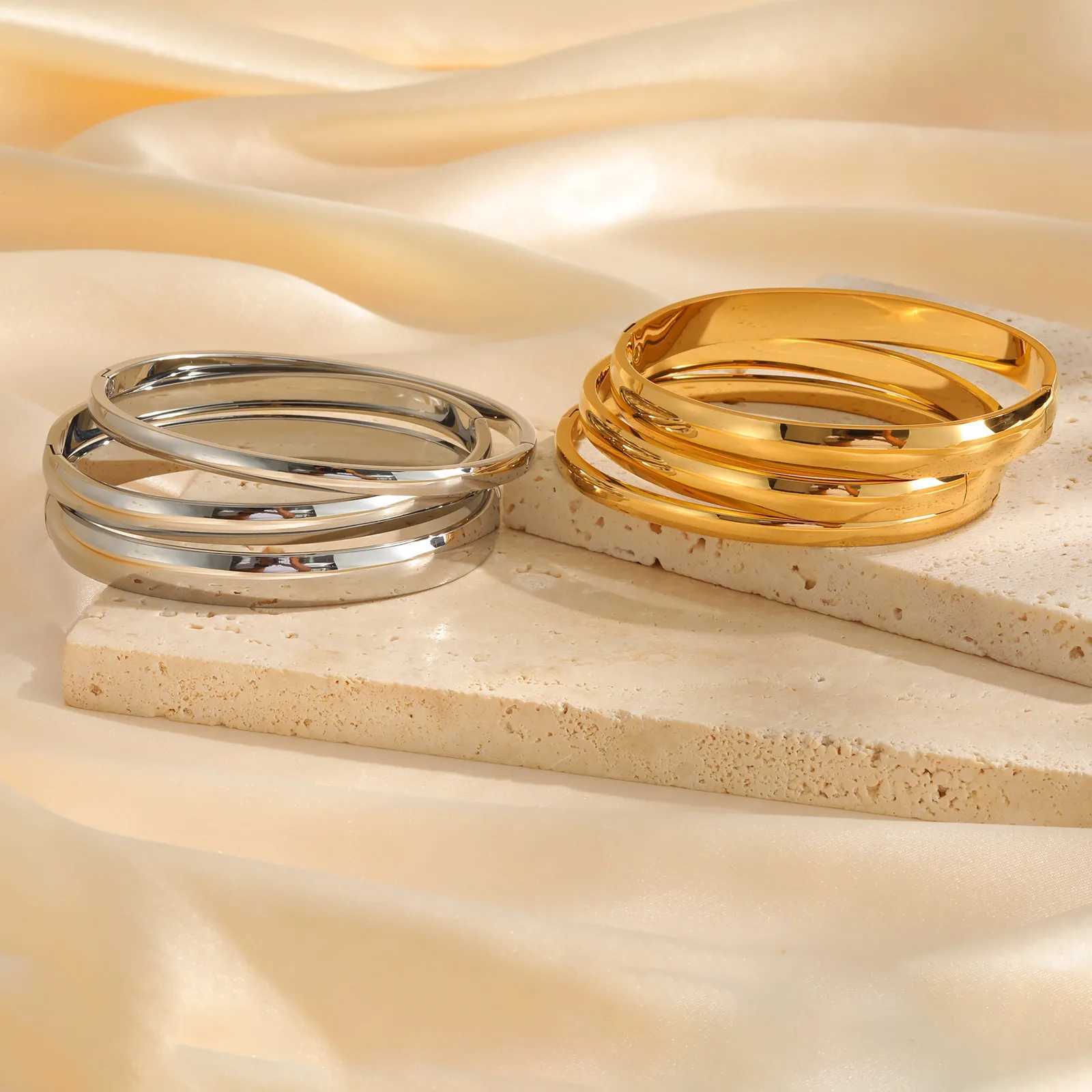 4/5.7/7.7mm Stainless Steel Smooth Bracelets Bangles for Women 18K Gold Plated Classic Openable Bracelet Jewelry AccessoriesC250411
