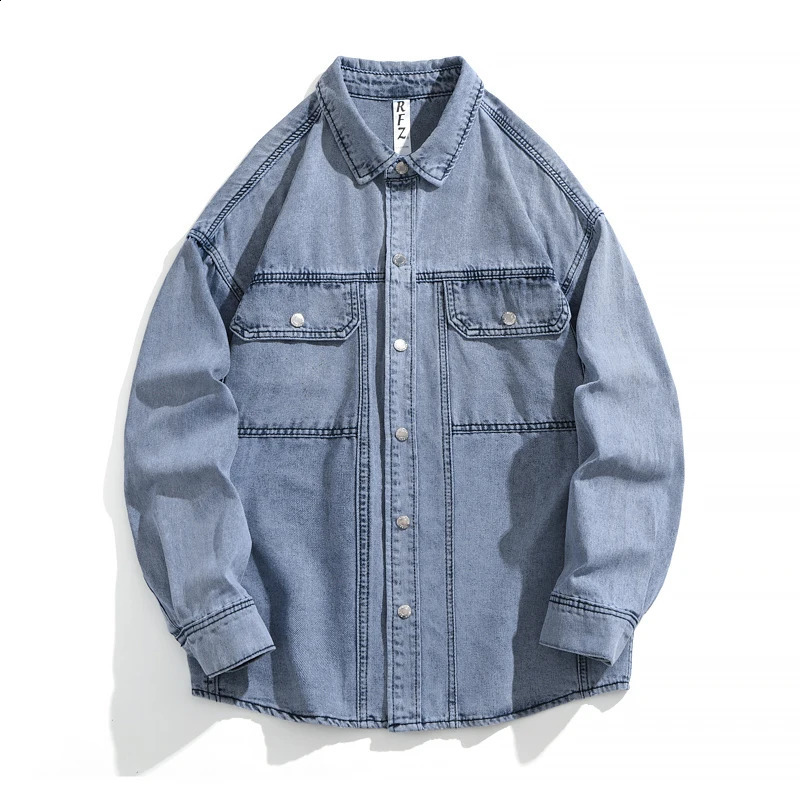 Retro mens long sleeved cargo denim shirt jacket street casual jacket oversized workwear with patch pockets 250411