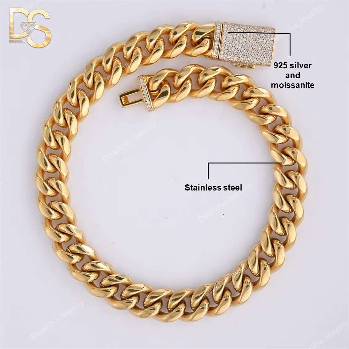 Cheap Price 14k Gold Plated Miami Stainless Steel Cuban Link Chain Clasp Iced Out Moissanite Miami Bracelet Necklace