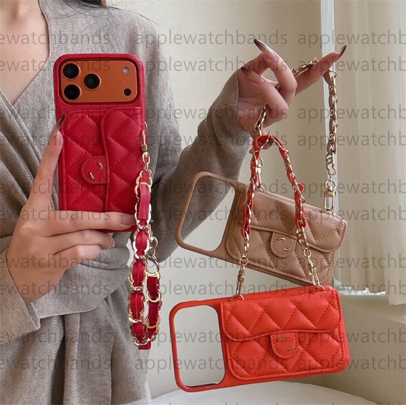Designer Crossbody Phone Case for iPhone 17 Pro Max 16 Pro Max 15 14 13 12 11 16 Plus Phonecase Card Holder Bag Fashion Caviar Leather Handbag Wallet Cover Chain Straps
