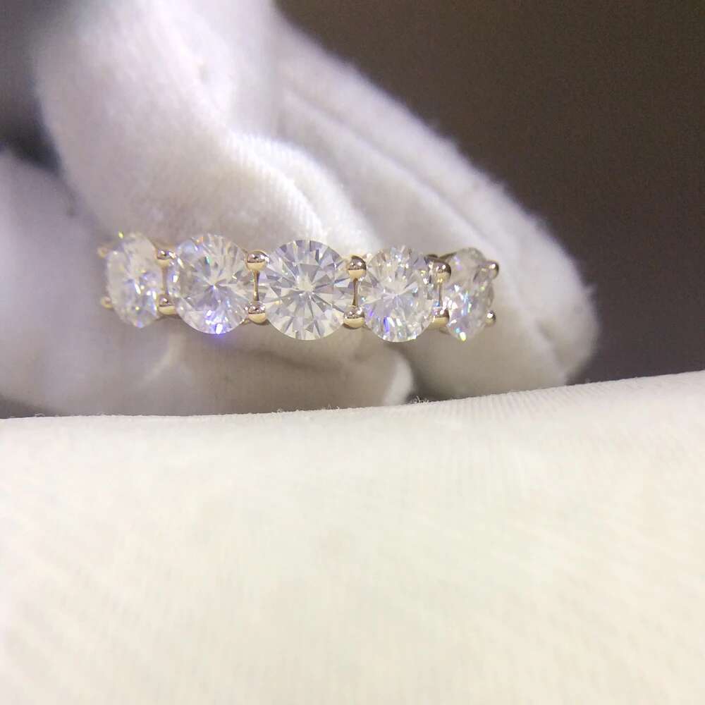 14K Yellow Gold 5pcs Round DEF CVD HPHT Lab Grown Diamond Engagement Band Total 0.5ct Lab Diamond Solitaire Wedding for Women