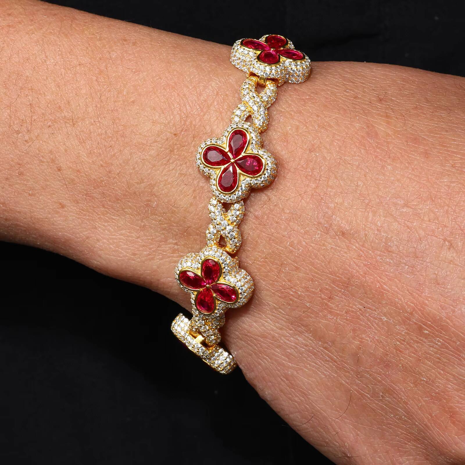 High Quality Fashion Four Leaf Clover Bracelet Luxury Brass AAAAA Colorful CZ Gemstone Hip Hop Link Chain Jewelry