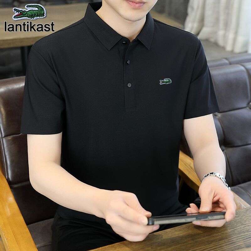 Noble Crocodile 2025 designer handbag New Polo Shirt Men's Short Sleeve High-end LANTI KAST Trendy Ice Silk Loose Turn-down Collar Striped Busine