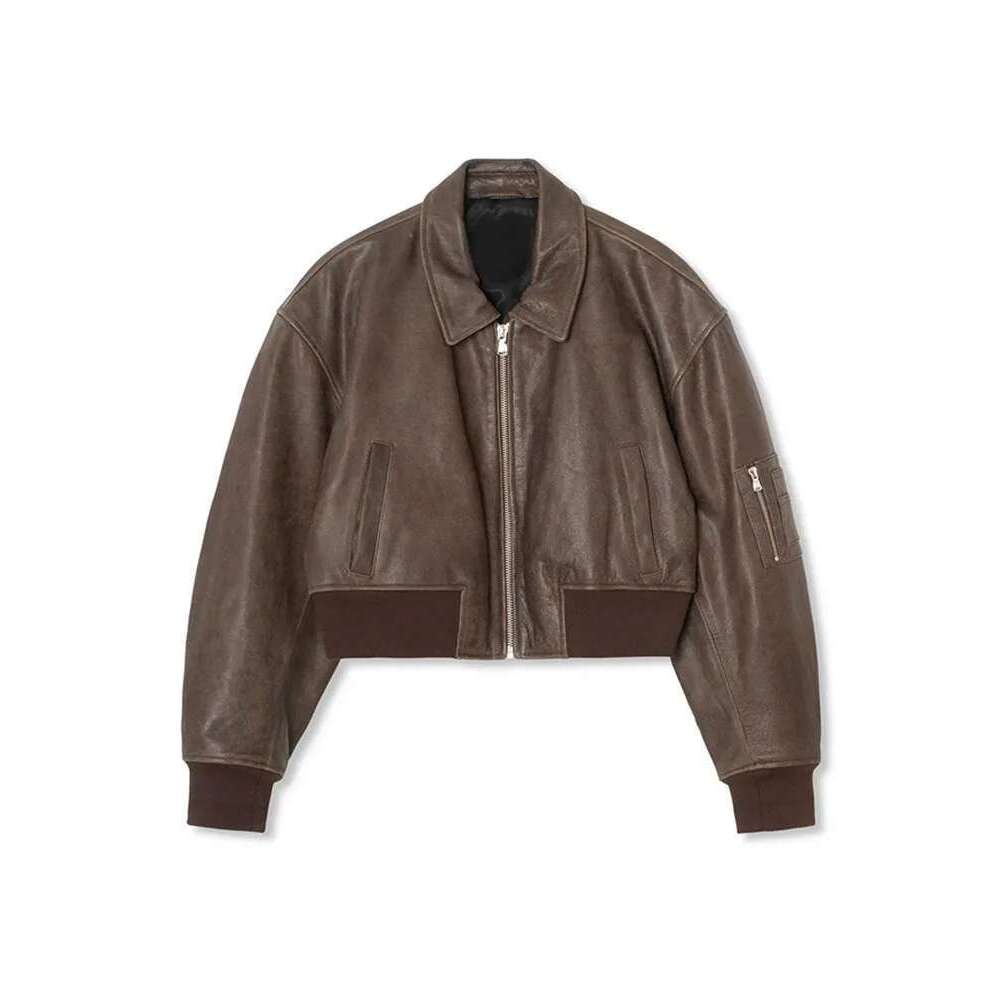 Designer Clothes Women Zipper Leather Bomber Jacket Loose Turn-Down Collar Vintage Pocket Short Outwear Long Sleeve Street Motorcycle Spring Coat