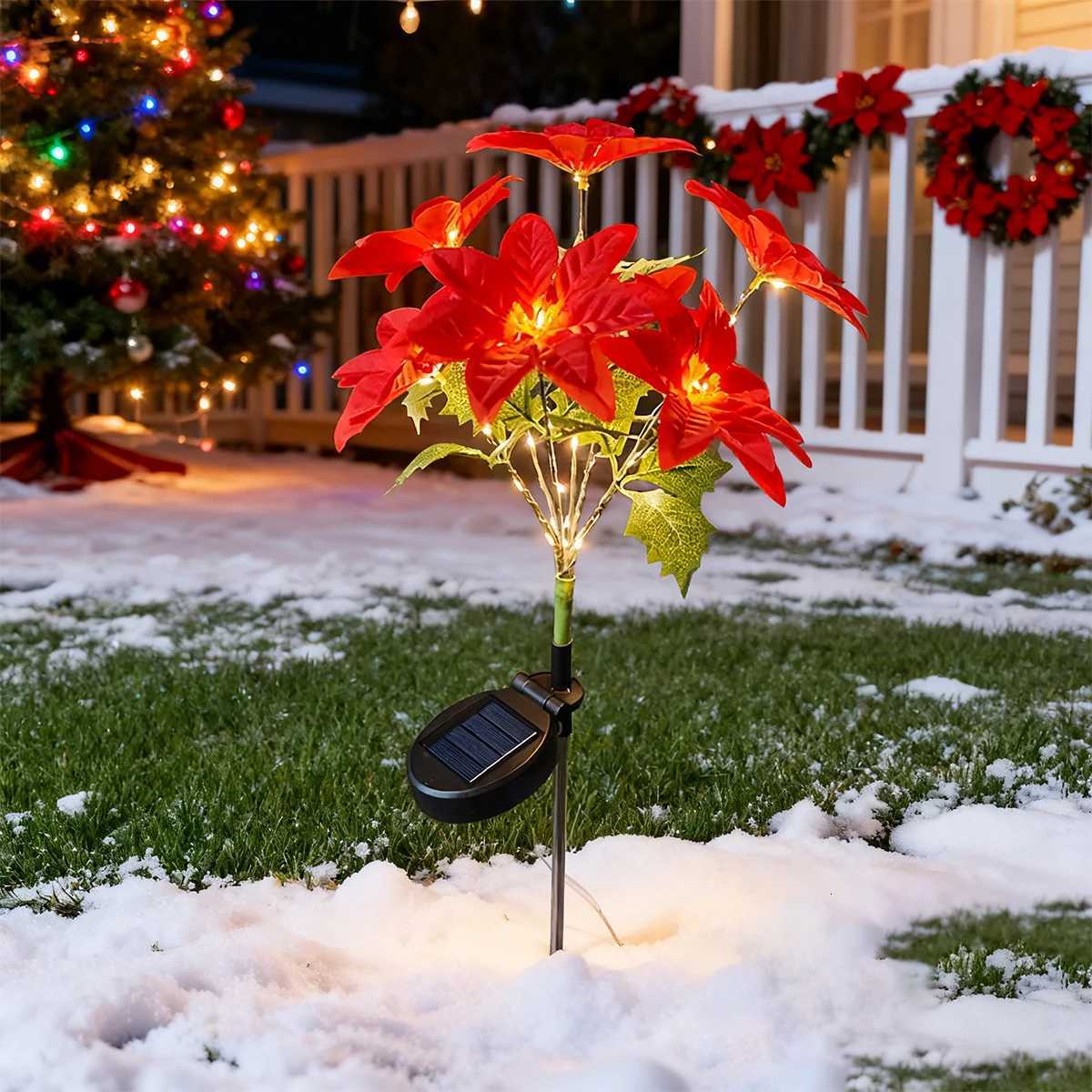 LED solar Christmas flower poinsettia artificial flower light suitable for decorating Christmas gardens lawns and courtyards M251113