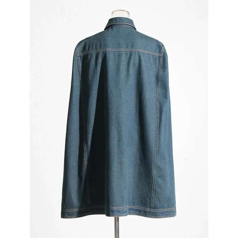 Casual Spliced Button Solid Denim Jackets For Women Lapel Cloak Sleeve Patchwork Pockets Streetwear Loose Coats Female New