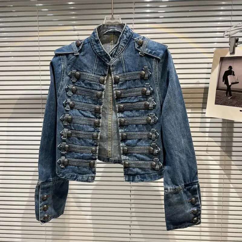 Designer Clothes Retro Military Style Handsome Stand Collar Female Double-Breasted Old Wild Slim Short Denim Jackets Outerwear