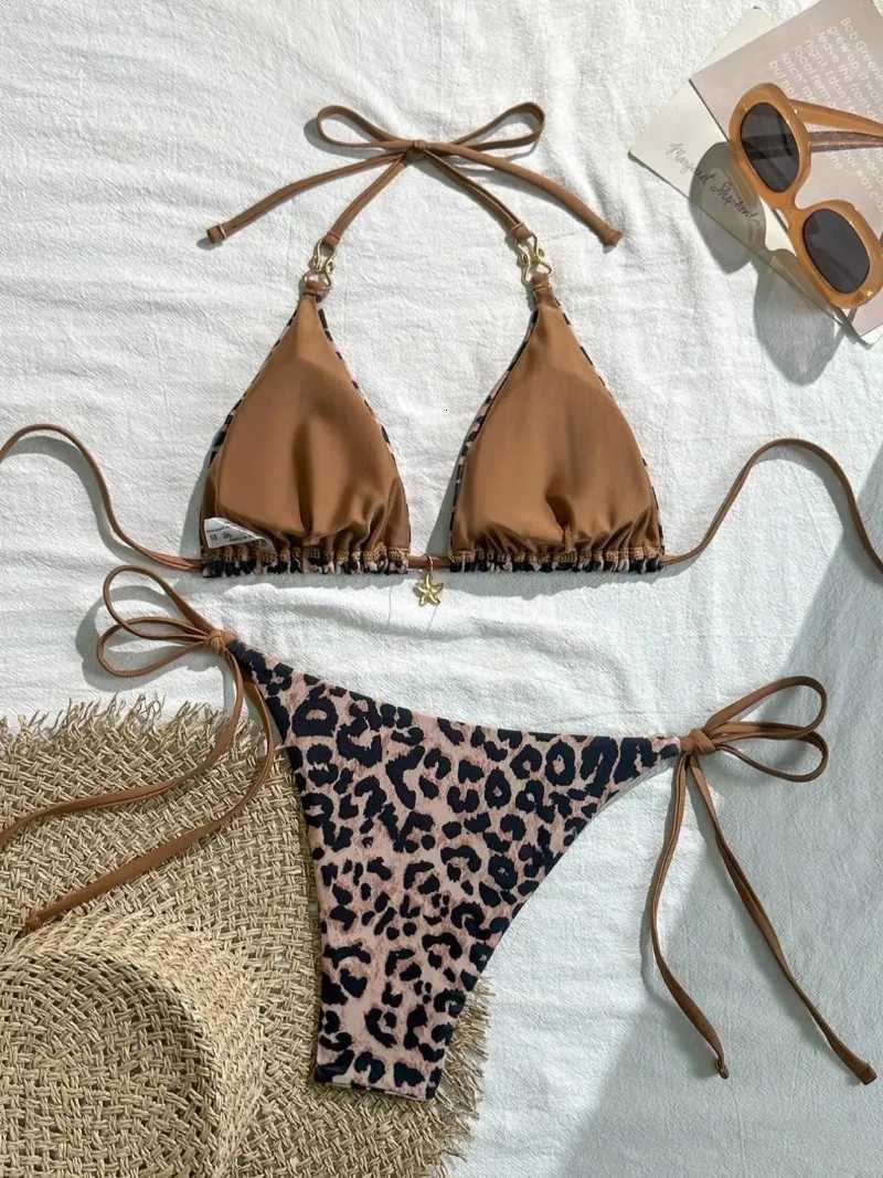 2025 New Arrival European and American Leopard Print Halter Bikini Set for Women Sexy SwimsuitW251113