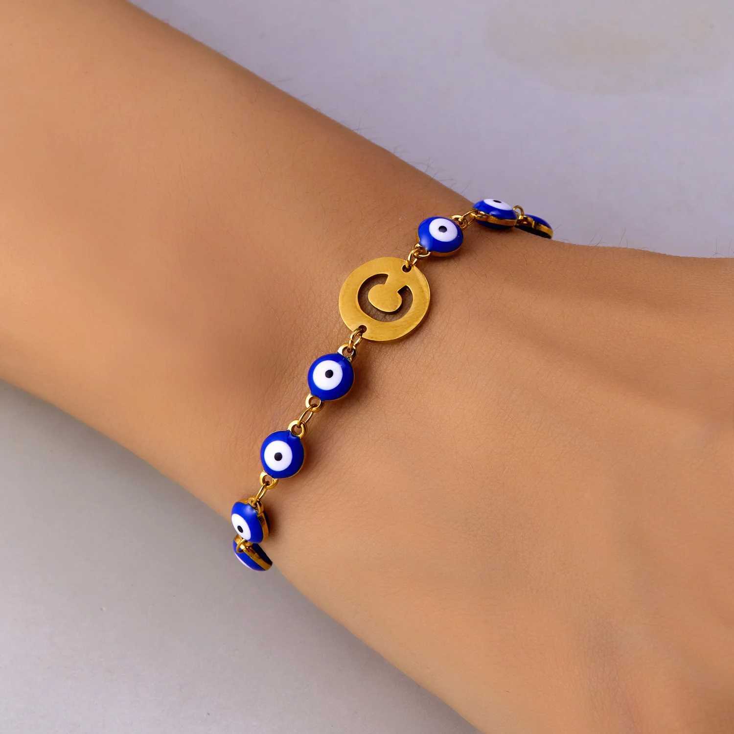 Lucky Turkey Evil Eye Bracelet For Women Men A-Z 26 Initials Alphabet Blue Eye Stainless Steel Metal Chain Bangles Luck JewelryC250411