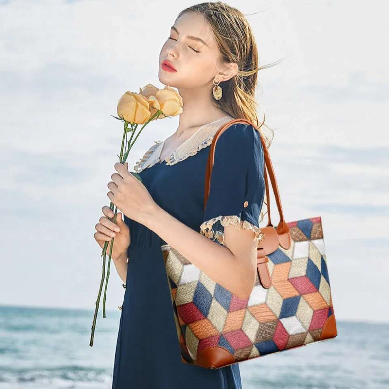 Large Capacity Patchwork Colorful Big Casual Tote Bags Women Handbags And Purses Plaid Shoulder Bag For Daily Commuting Sac