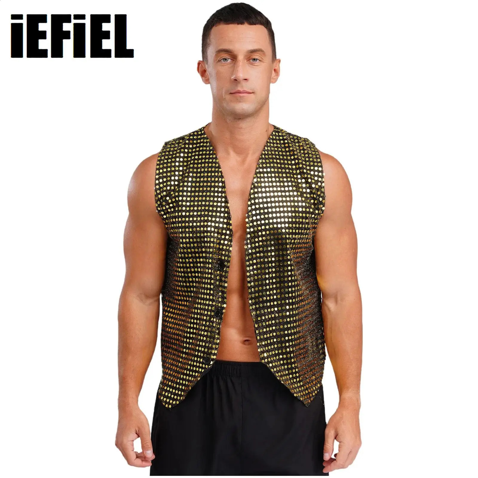 Mens Sparkling Sequin Vest Tops Sleeveless V Neck Button-Up Sequins Solid Color Vest for Clubwear Stage Performance 250407