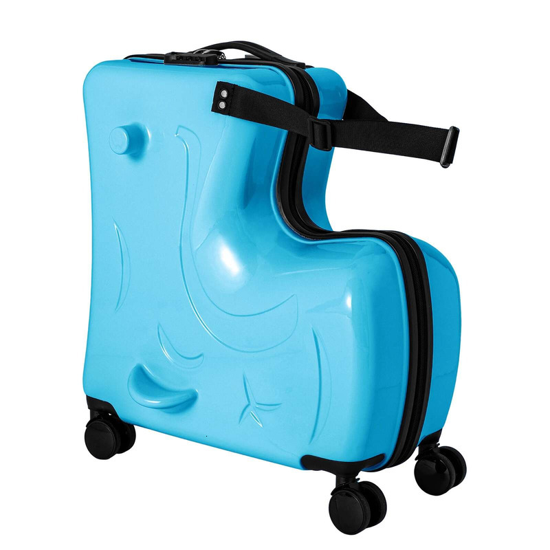 Children's Sit Ride Suitcase 20 Inch Kids Travel Trolley Waterproof Slide Rolg Lage With Lock Blue