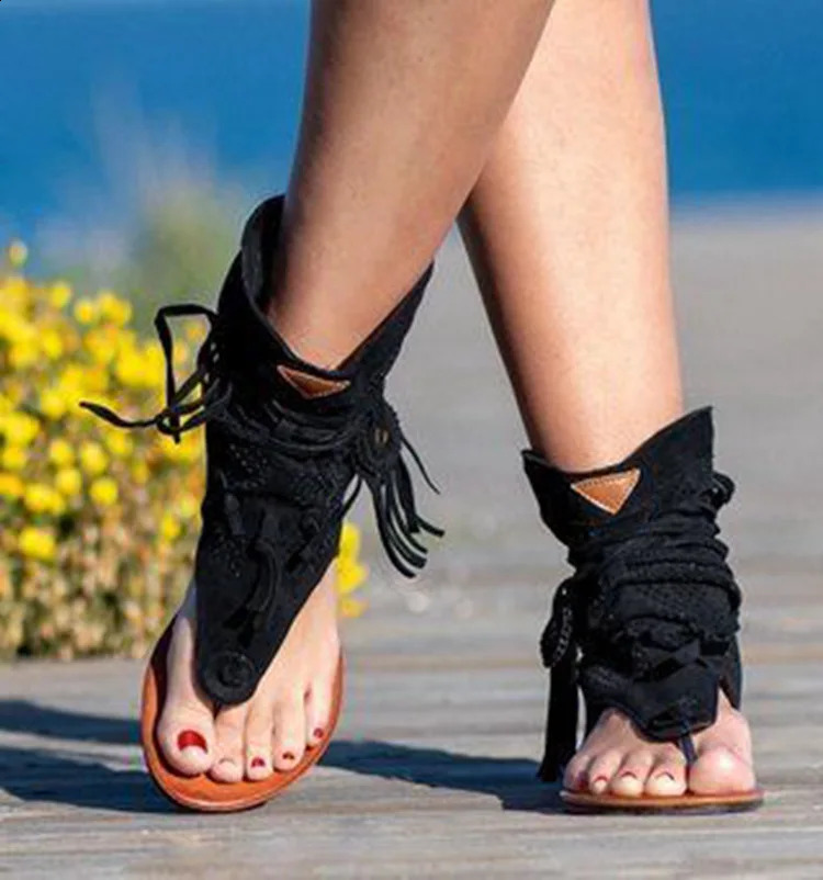 Retro Tassel Sandals For Woman Summer Boho Flat Shoes Ladies Lace Up Beach Shoes Sandalias Mujer Womens Shoes 698 250410