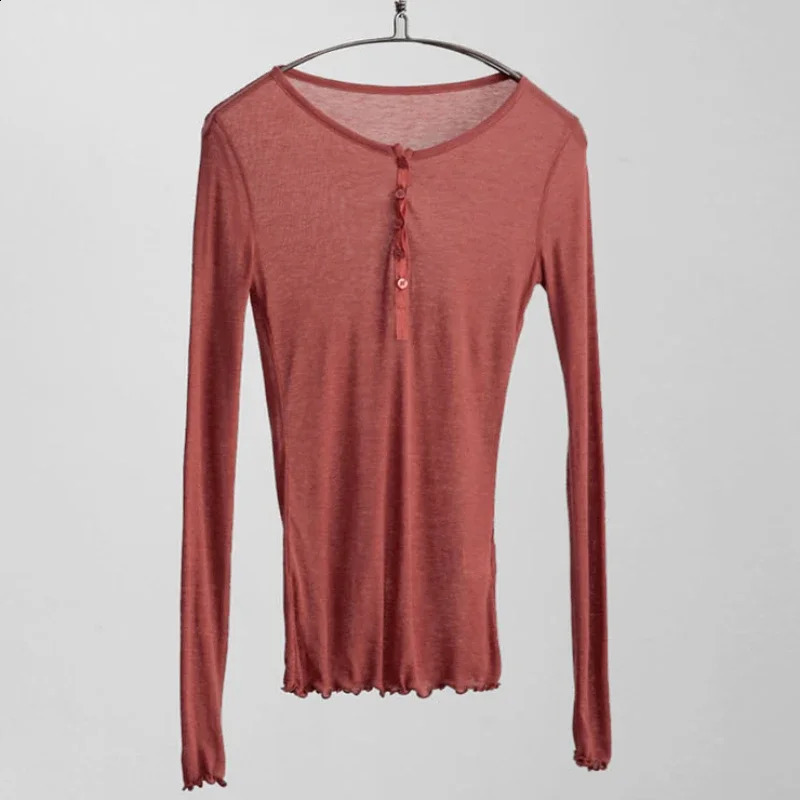 Womens spring and summer Tshirt long sleeved top pure thin slim fit sexy buttons see through waist tee basic for womens streetwear 250407