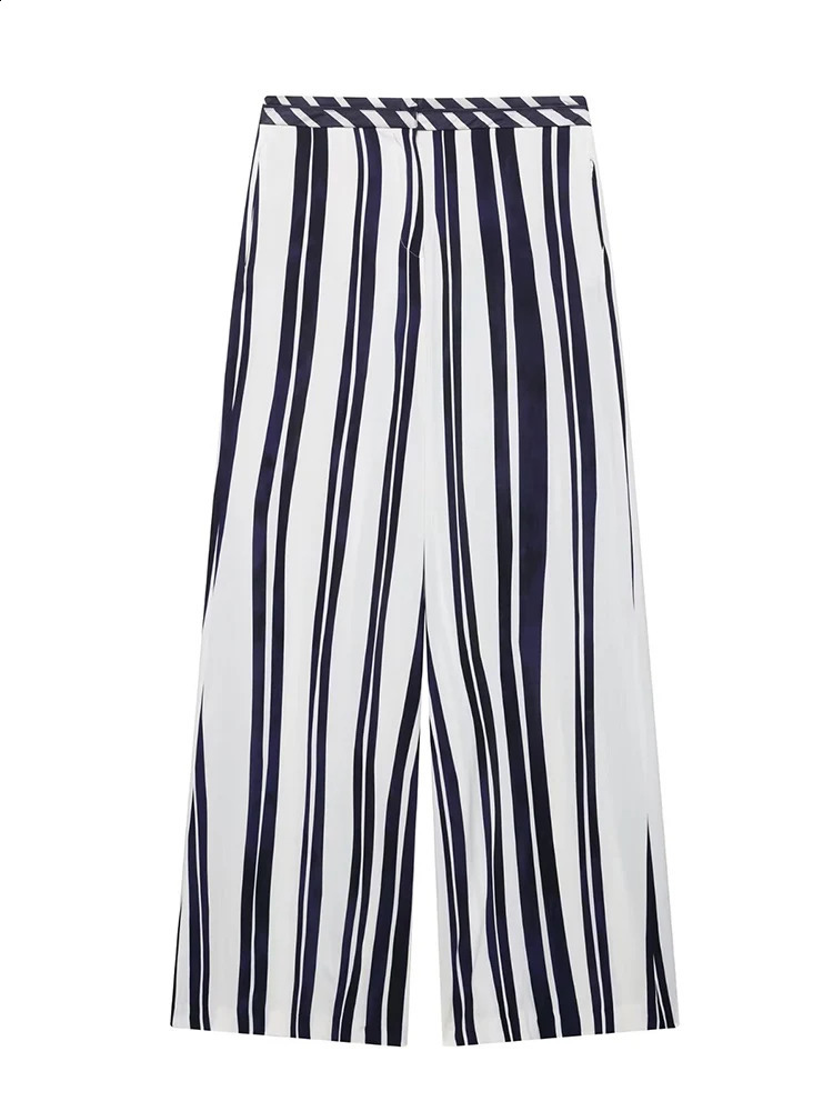 TFMLN Summer Womens Stripe Printed Set Fashion Sleeveless Strap Backless Top Pocket Casual Wide Leg Pants Set 250411