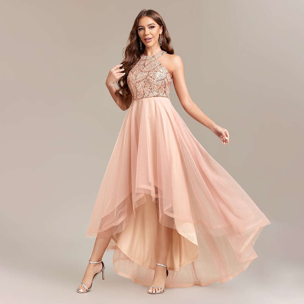 Designer 2025 Heavy Industry's New Hanging Neck Style Sequin Splicing Multi-Layer Mesh Sleeveless Irregular Fluffy Skirt Ball Dress