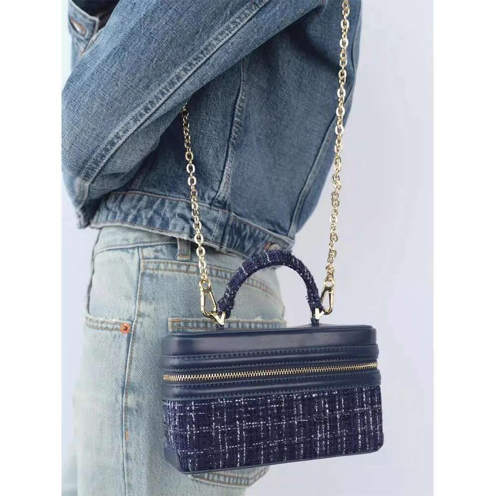 Tweed Textured Blue Mini Handbags For Women Patch Pu Leather Satchels Box Zipper Packs Female All-match Commute Crossbody Bags