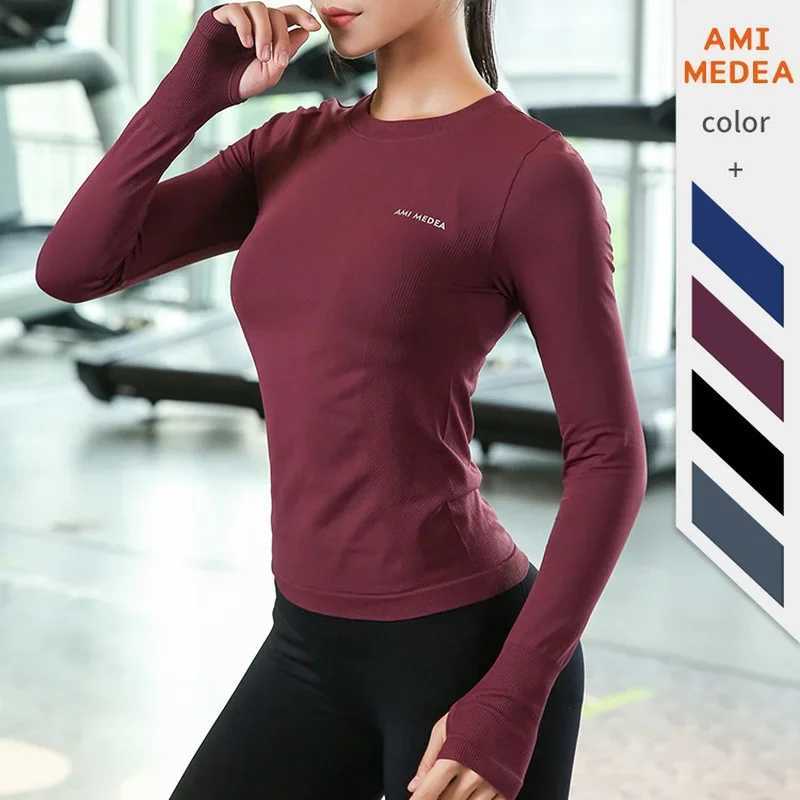 Womens long sleeved top yoga shirt running T-shirt fitness gym sports top training top solid color top Y250412