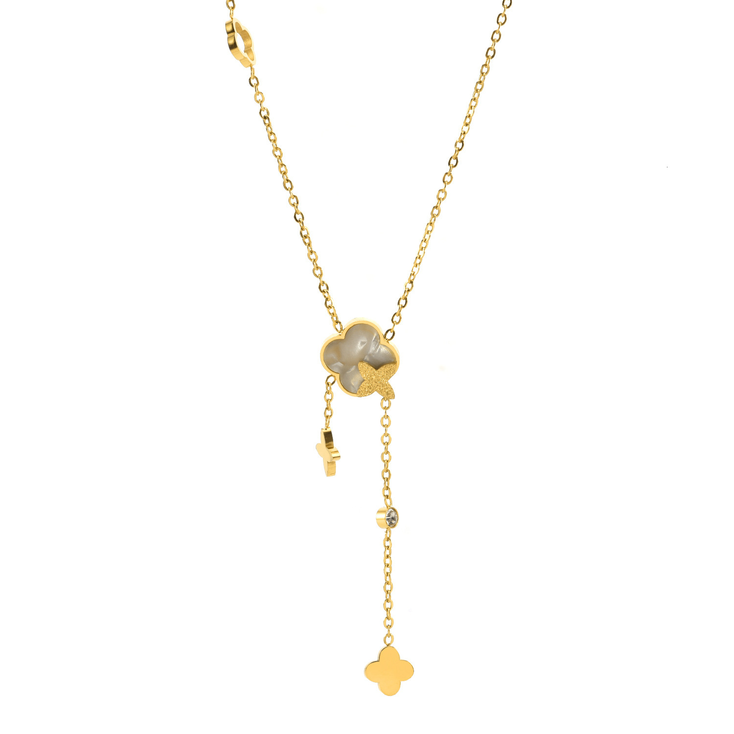 New Fashion Niche Design gold Titanium Steel for Women White Shell Zircon Old Flower Tassel Necklace