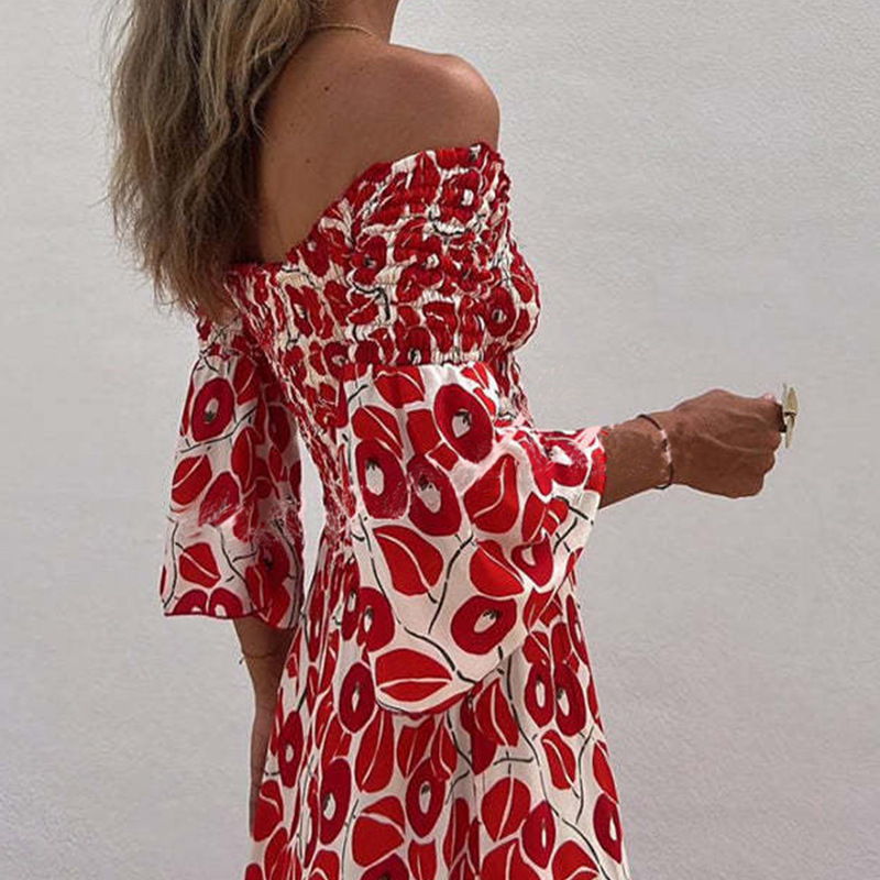 Dress 2025 Spring/Summer New Vacation Style Off Shoulder Trumpet Sleeve Floral Long Dress for Women