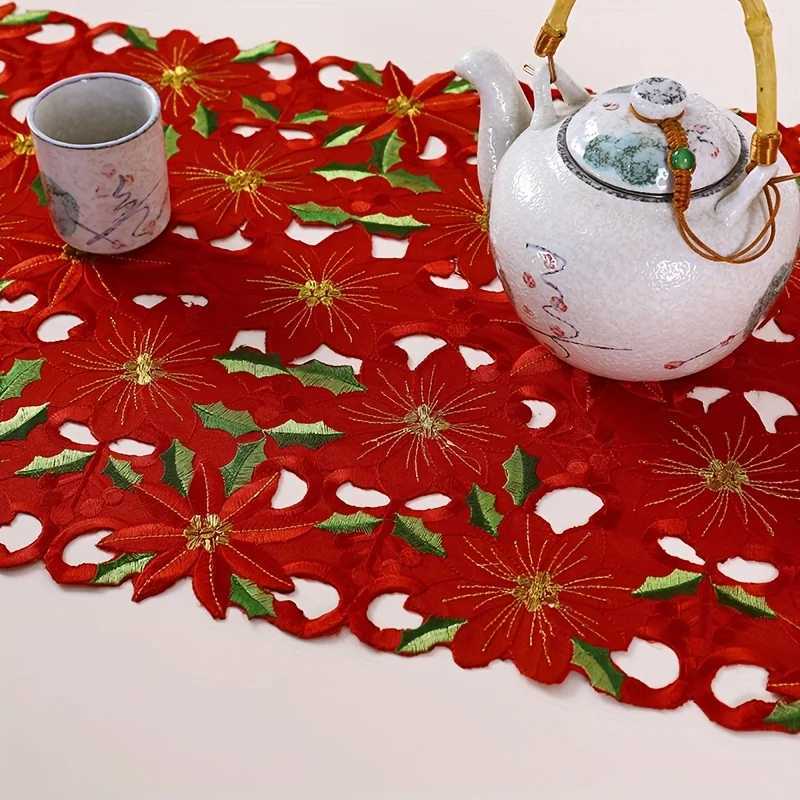 Christmas 2/1PCS Red and Green Christmas Embroidered Printed Tablecloths Party Picnic Table Cloth Supplie Table Runners Linens Y251113
