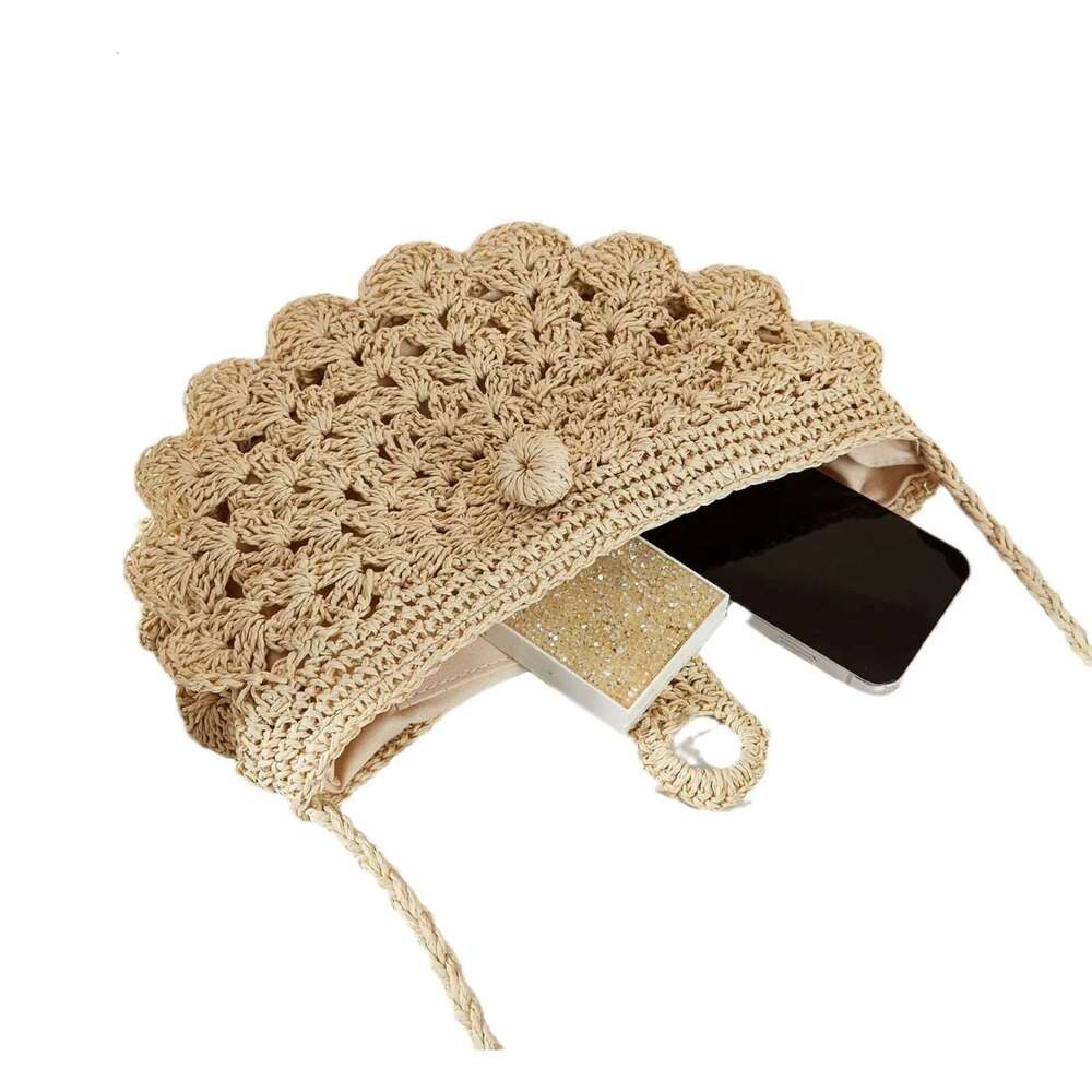 Single Shoulder Diagonal Cross Grass Beach Bag, Fan Wer Handmade Woven Mobile Phone Semi-Circular Bag