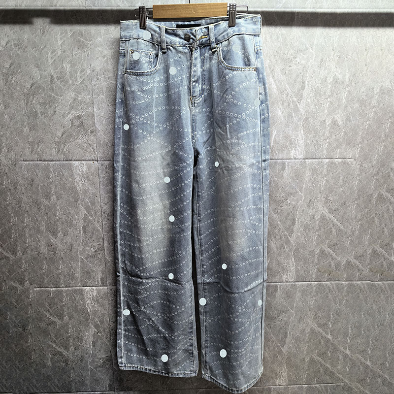 Chain Printed Jeans Luxury Designer Women Denim Pants Street Style Bucket Cap Summer Charm Blue Straight Trousers