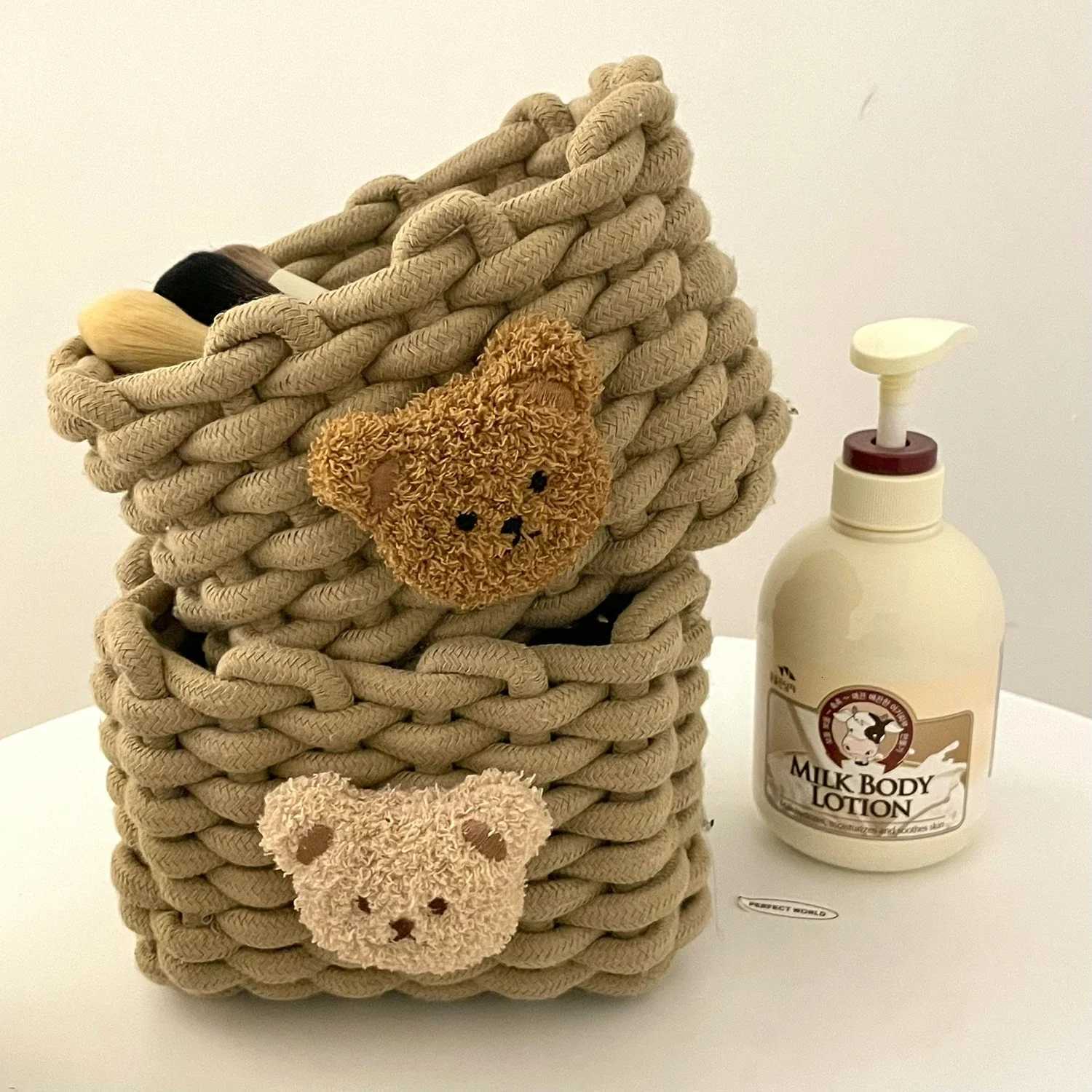 Handmade Woven Cotton Rope Storage Basket Cartoon s Little Bear Desktop Organizer Sundries Storage Box Y251112