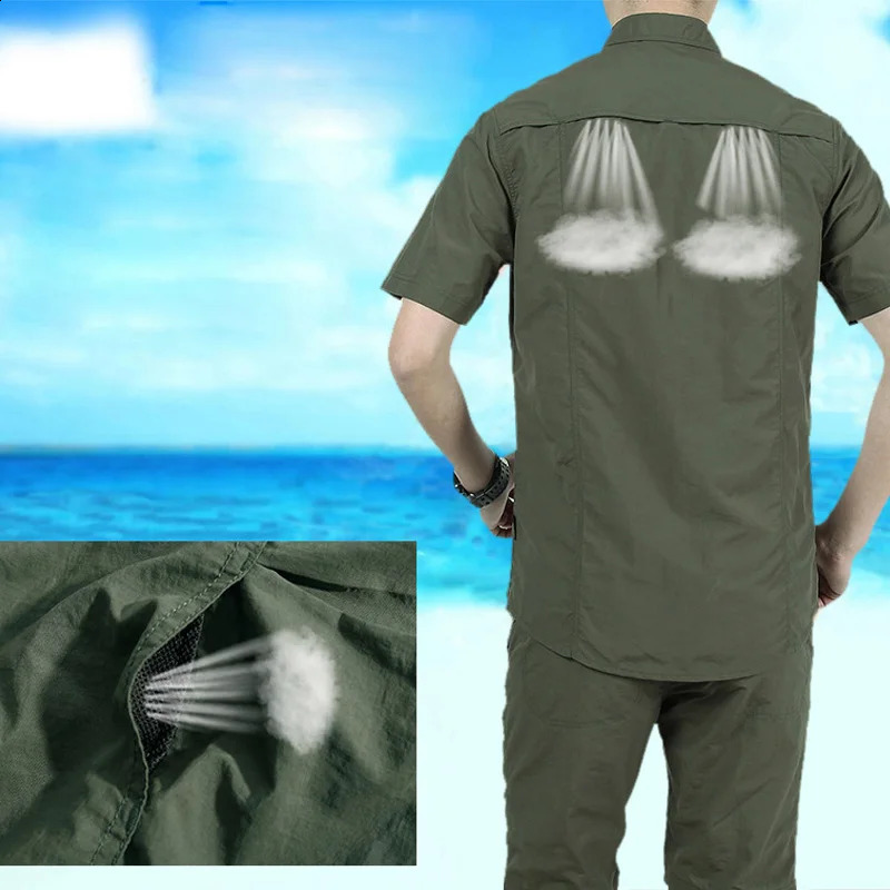 Summer mens short sleeved military cargo shirt quick drying lapel tactical shirt hiking camping fishing suit 250411