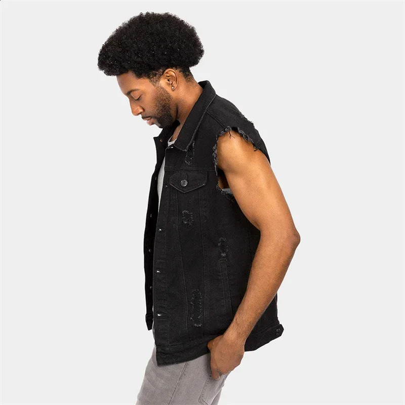 Western Cowboy Style Broken Holes Denim Vest Male Casual Lapel Cardigan Jeans Waistcoats Men Sleeveless Raw Cut Edge Jacket 250409